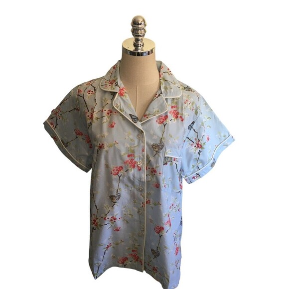 Ella Simone PJ Set Women's Size Medium Blue Red Floral Short Sleeve Top & Pants - Picture 2 of 11